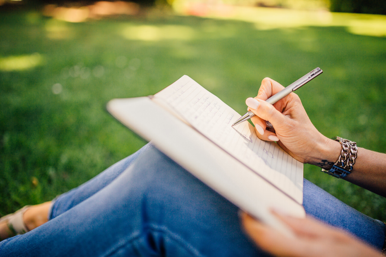 writing, writer, notes, pen, notebook, book, girl, woman, people, hands, grass, outdoors
