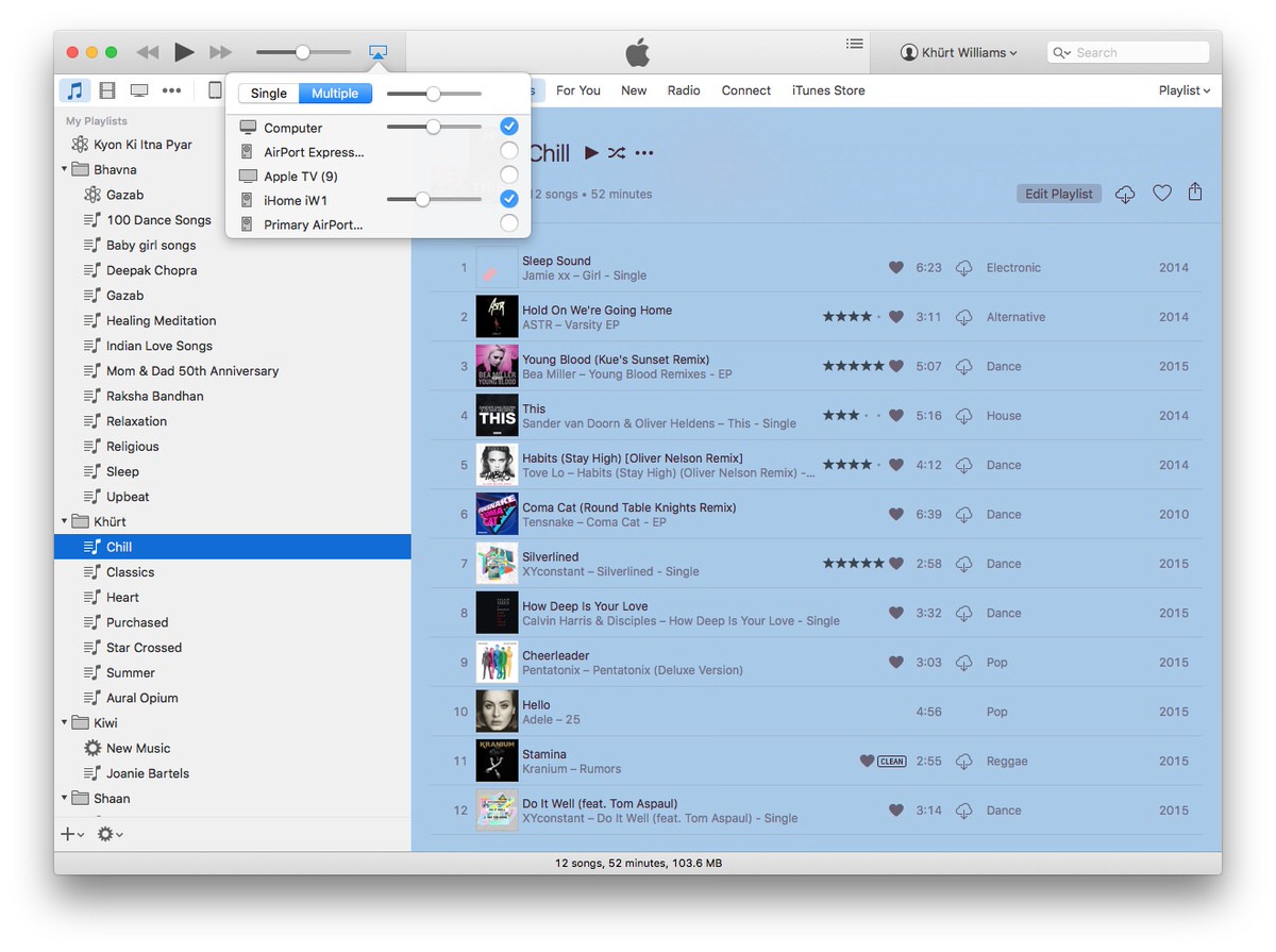 iTunes uses AirPlay to send a single audio stream to multiple speakers.