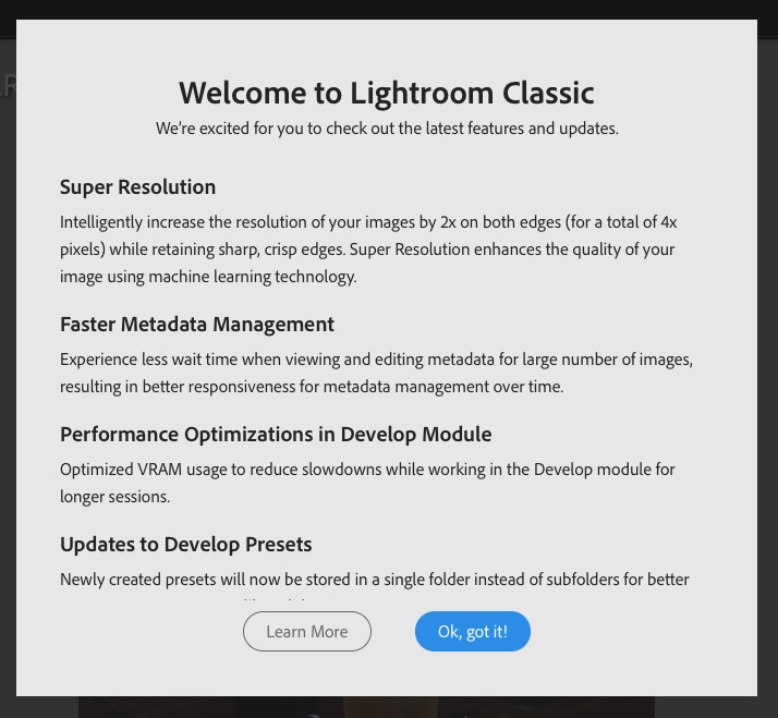 Screen shot of Welcome to Lightroom Classic