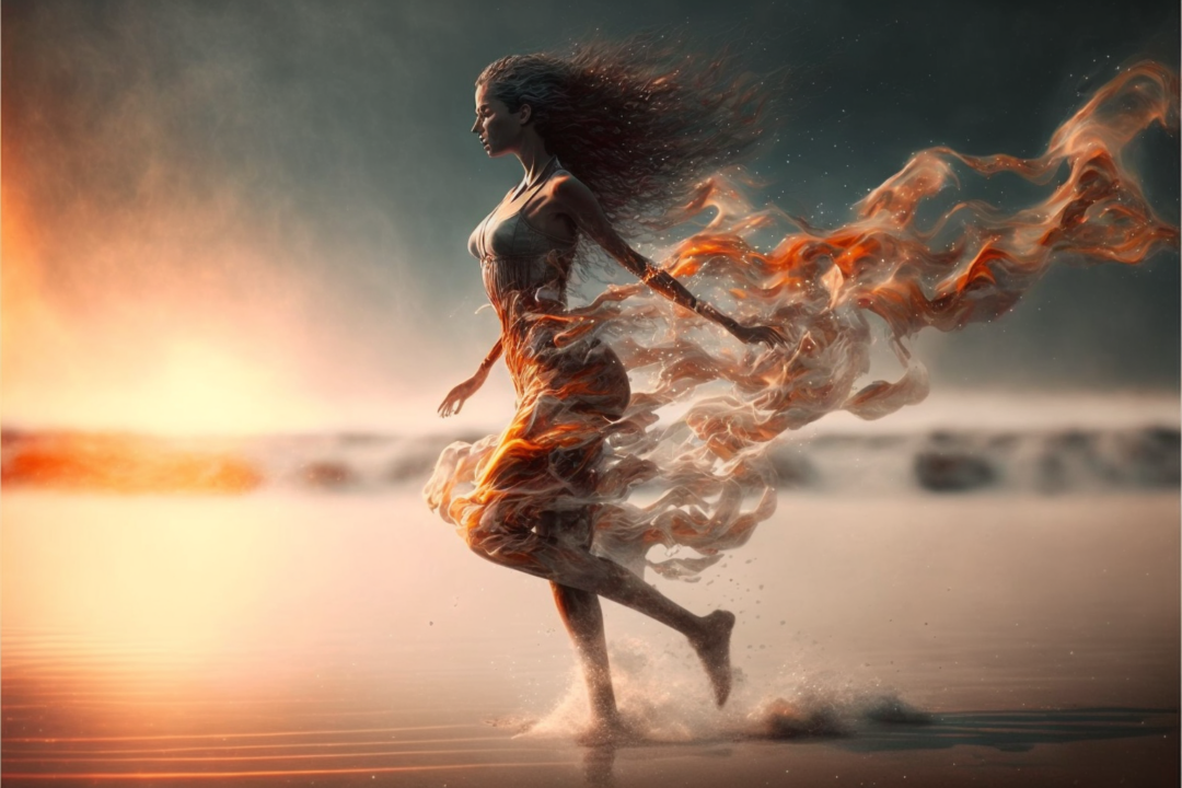 dancing out the ocean, running fast along the sand, a spirit born of earth and water, fire flying from her hands, tiny dancer, photorealistic, cinematic,