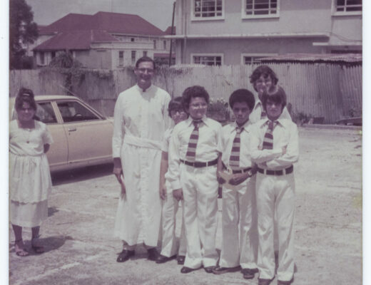 Confirmation Day, St. John\'s. Antigua, circa 1979 - L-R - Linda Shoul, Brother Wakeham, Joseph Zribe, Paul Aflak, Raymond Mansoor, Christopher “Percy” Gomez.