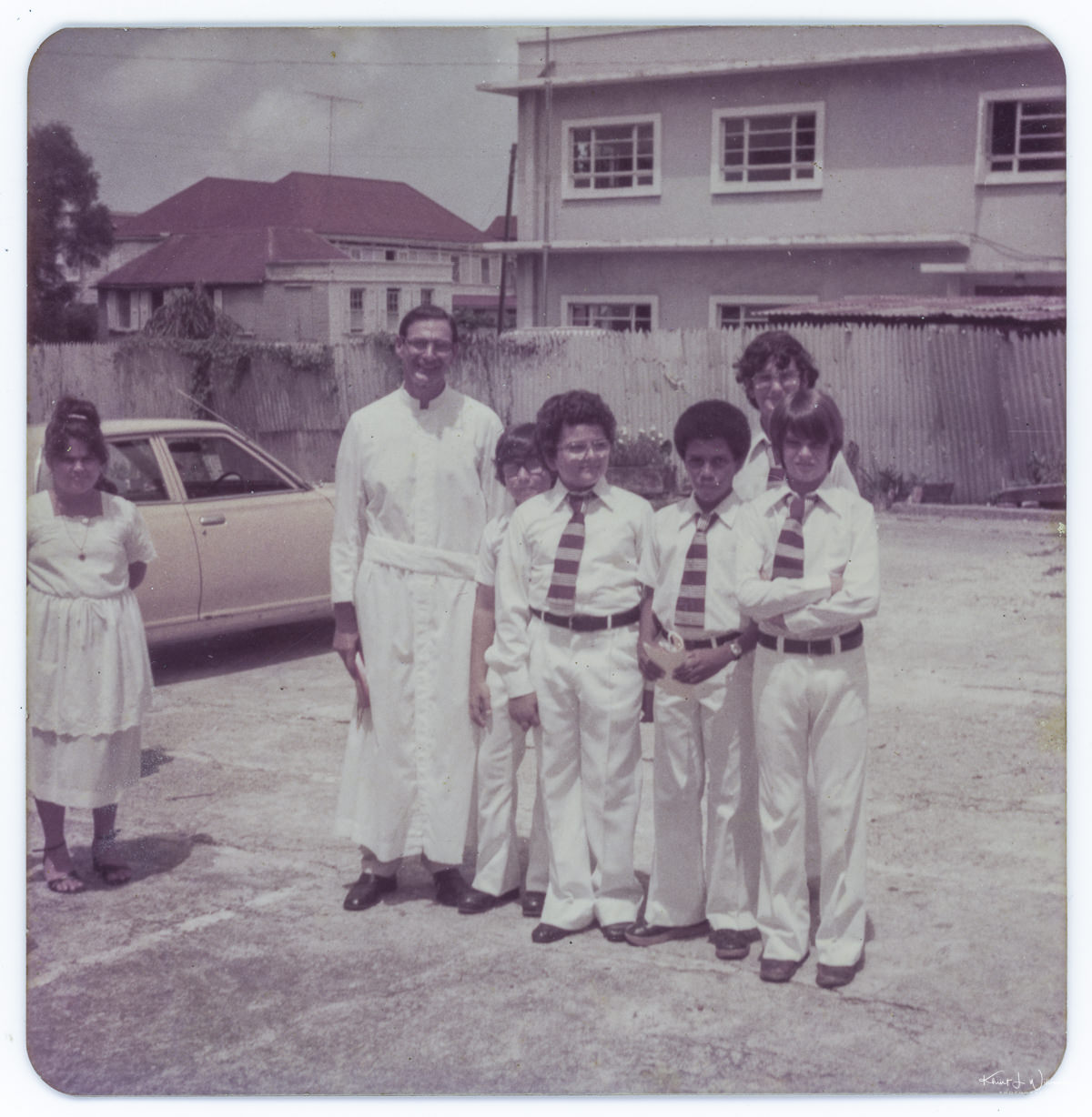 Confirmation Day, St. John\'s. Antigua, circa 1979 - L-R - Linda Shoul, Brother Wakeham, Joseph Zribe, Paul Aflak, Raymond Mansoor, Christopher “Percy” Gomez.