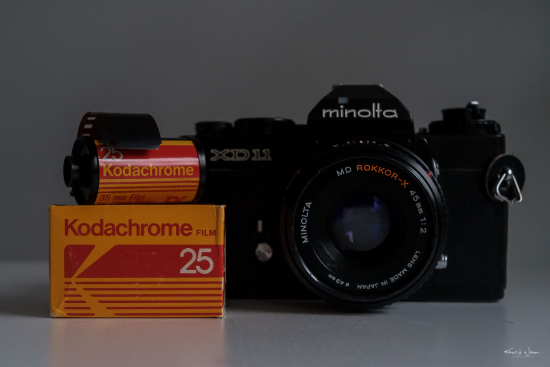 Kodachrome 25 cartridge and box with Minolta XD-11