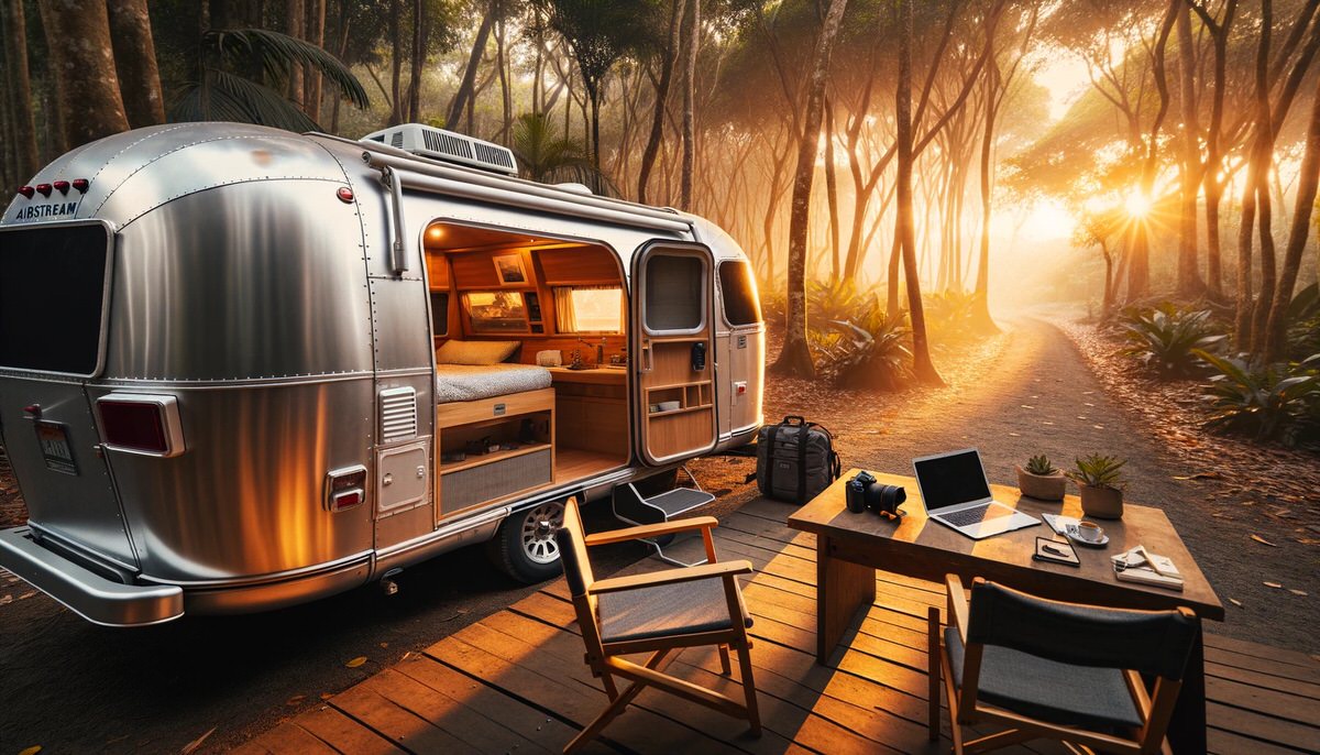 DALL·E 2024-01-07 08.58.59 - During sunrise, an Airstream camper van is parked in a peaceful tropical woodland area.