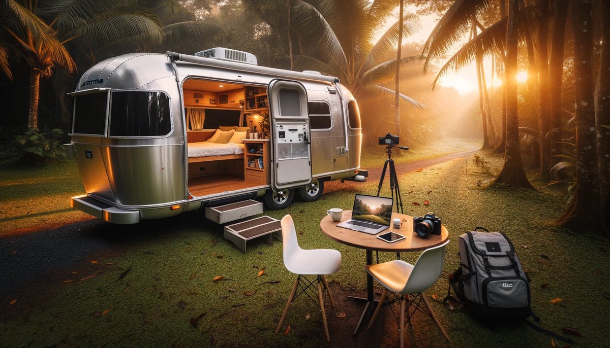 DALL·E 2024-01-07 09.12.50 - During sunrise, an Airstream camper van is parked in a peaceful tropical woodland area.