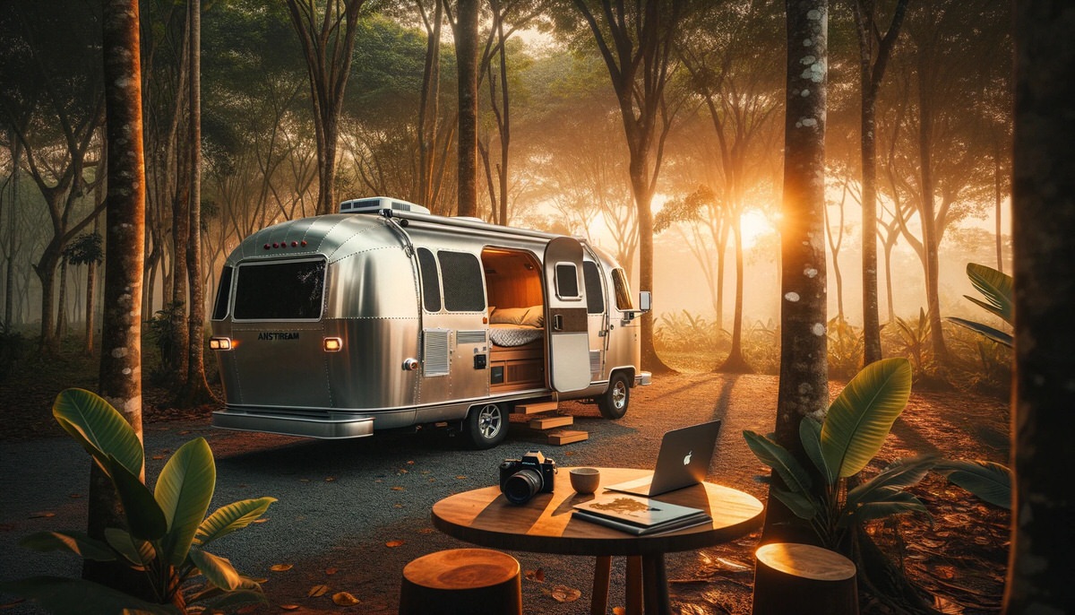DALL·E 2024-01-07 09.15.17 - A peaceful sunrise in a tropical woodland setting with an Airstream camper van parked among the trees.